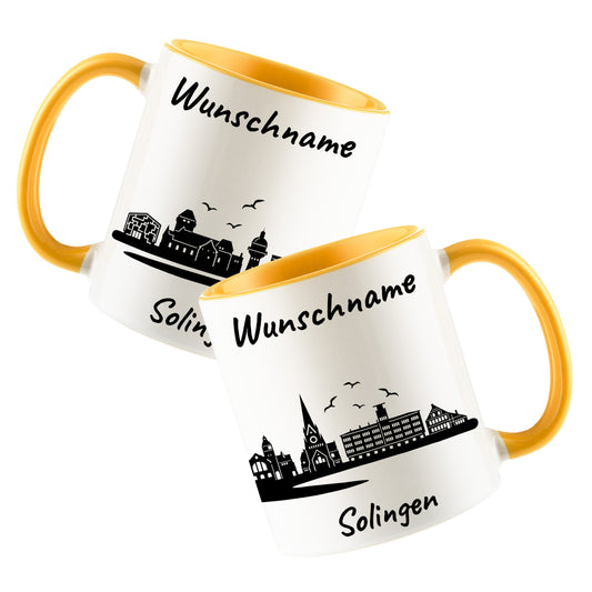 Tasse in Goldgelb 330ml bedruckt mit der Skyline von Solingen personalisierbar mit Wunschname