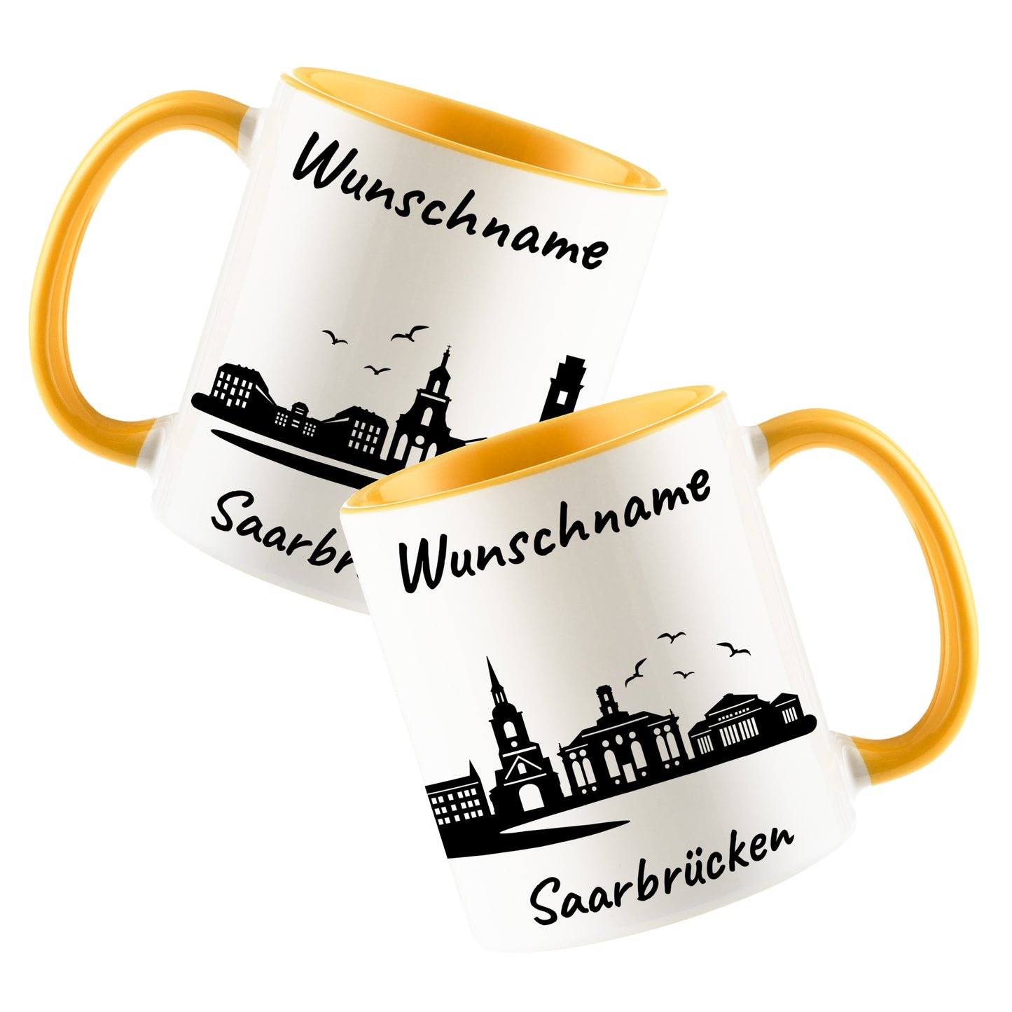 Tasse in Goldgelb 330ml bedruckt mit der Skyline von Saarbrücken personalisierbar mit Wunschname