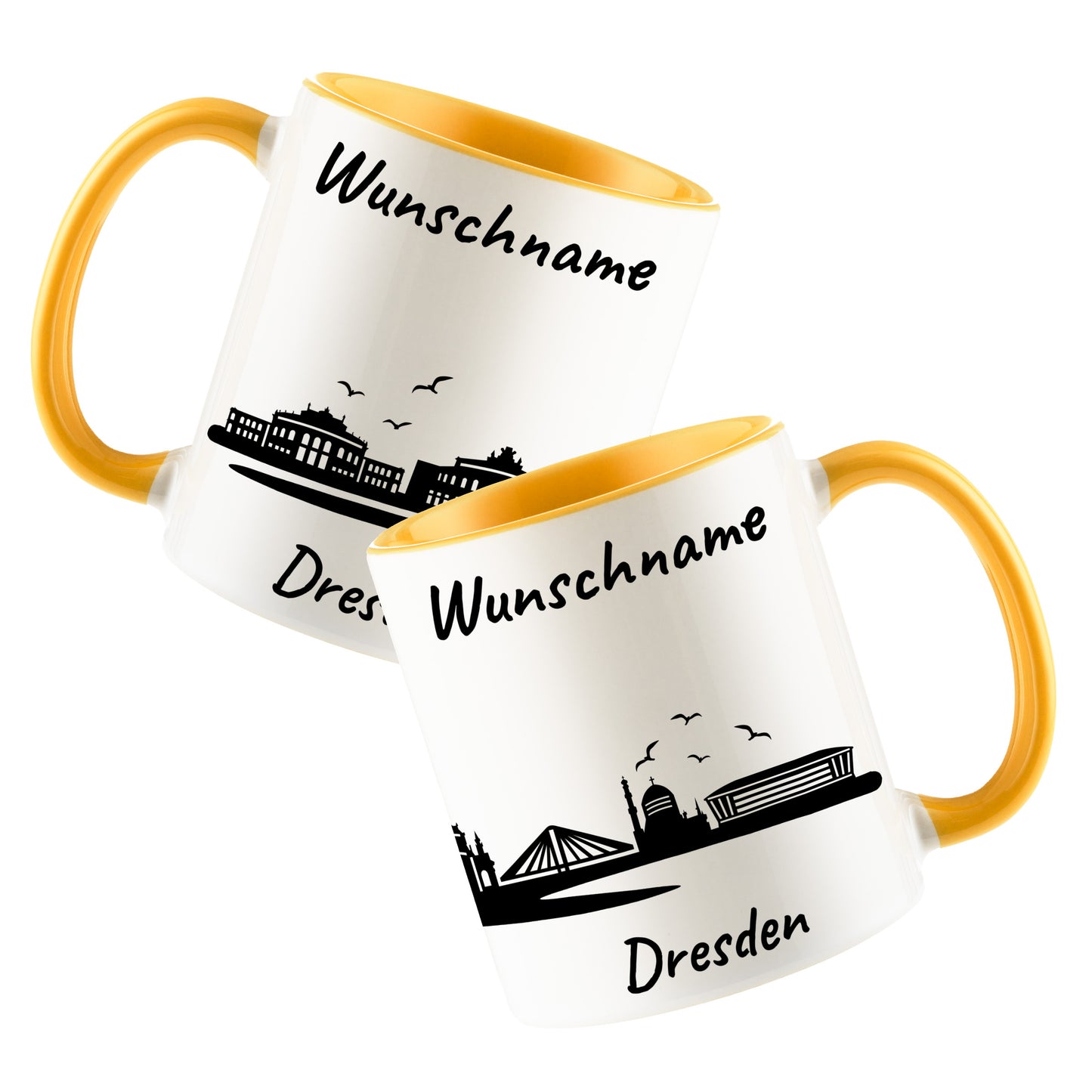 Tasse in Goldgelb 330ml bedruckt mit der Skyline von Dresden personalisierbar mit Wunschname