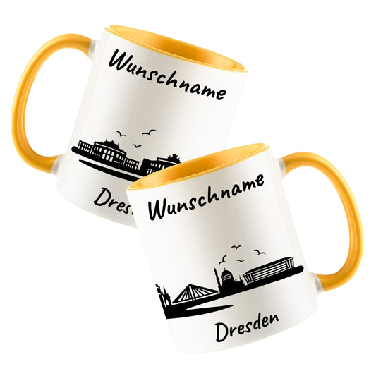Tasse in Goldgelb 330ml bedruckt mit der Skyline von Dresden personalisierbar mit Wunschname