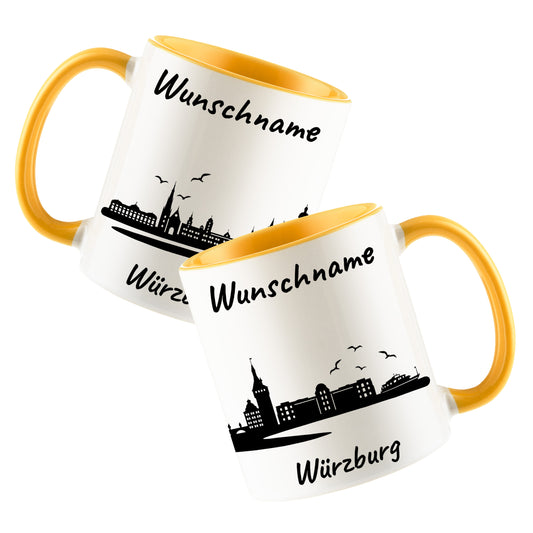 Tasse in Goldgelb 330ml bedruckt mit der Skyline von Würzburg personalisierbar mit Wunschname