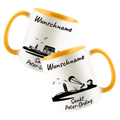 Tasse in Goldgelb 330ml bedruckt mit der Skyline von Sankt Peter-Ording personalisierbar mit Wunschname