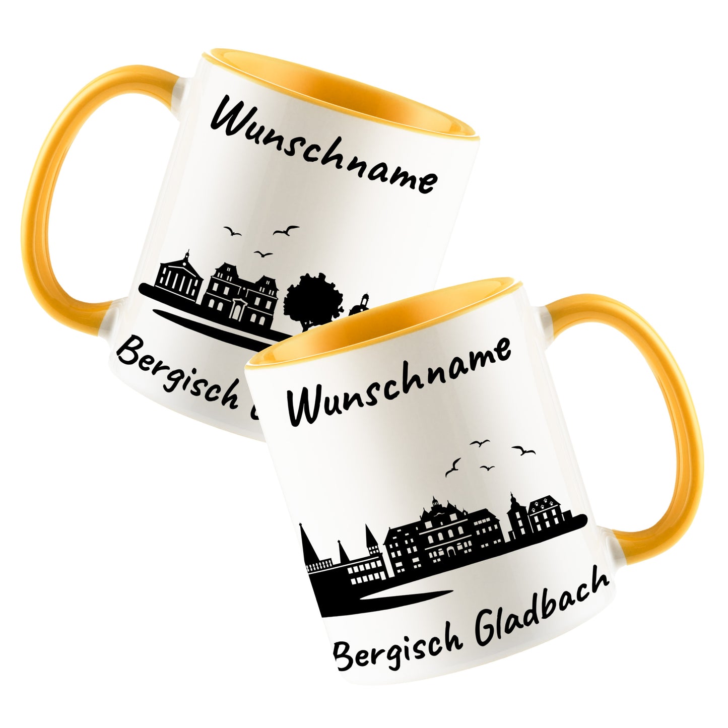 Tasse in Goldgelb 330ml bedruckt mit der Skyline von Bergisch Gladbach personalisierbar mit Wunschname