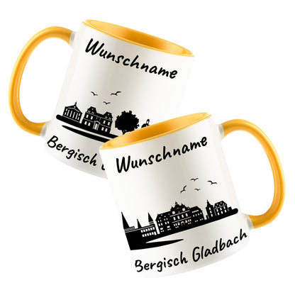Tasse in Goldgelb 330ml bedruckt mit der Skyline von Bergisch Gladbach personalisierbar mit Wunschname