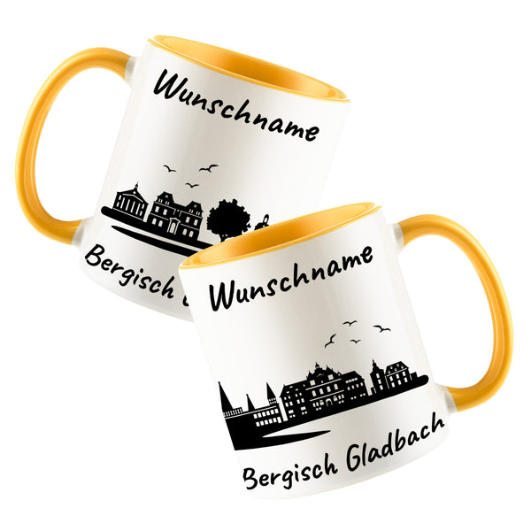 Tasse in Goldgelb 330ml bedruckt mit der Skyline von Bergisch Gladbach personalisierbar mit Wunschname