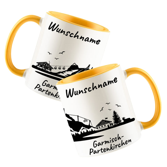Tasse in Goldgelb 330ml bedruckt mit der Skyline von Garmisch-Partenkirchen personalisierbar mit Wunschname