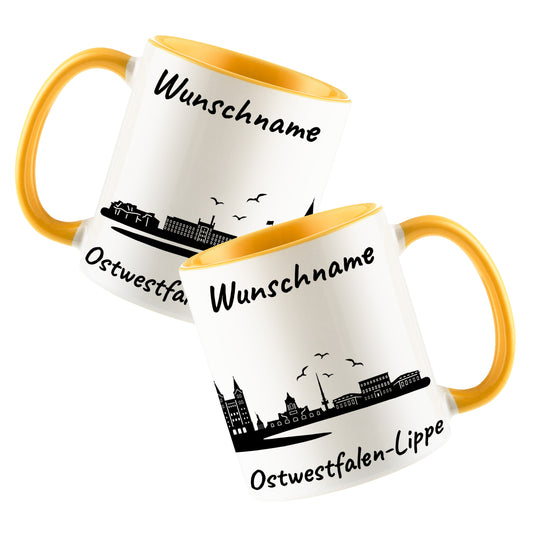 Tasse in Goldgelb 330ml bedruckt mit der Skyline von Ostwestfalen-Lippe personalisierbar mit Wunschname