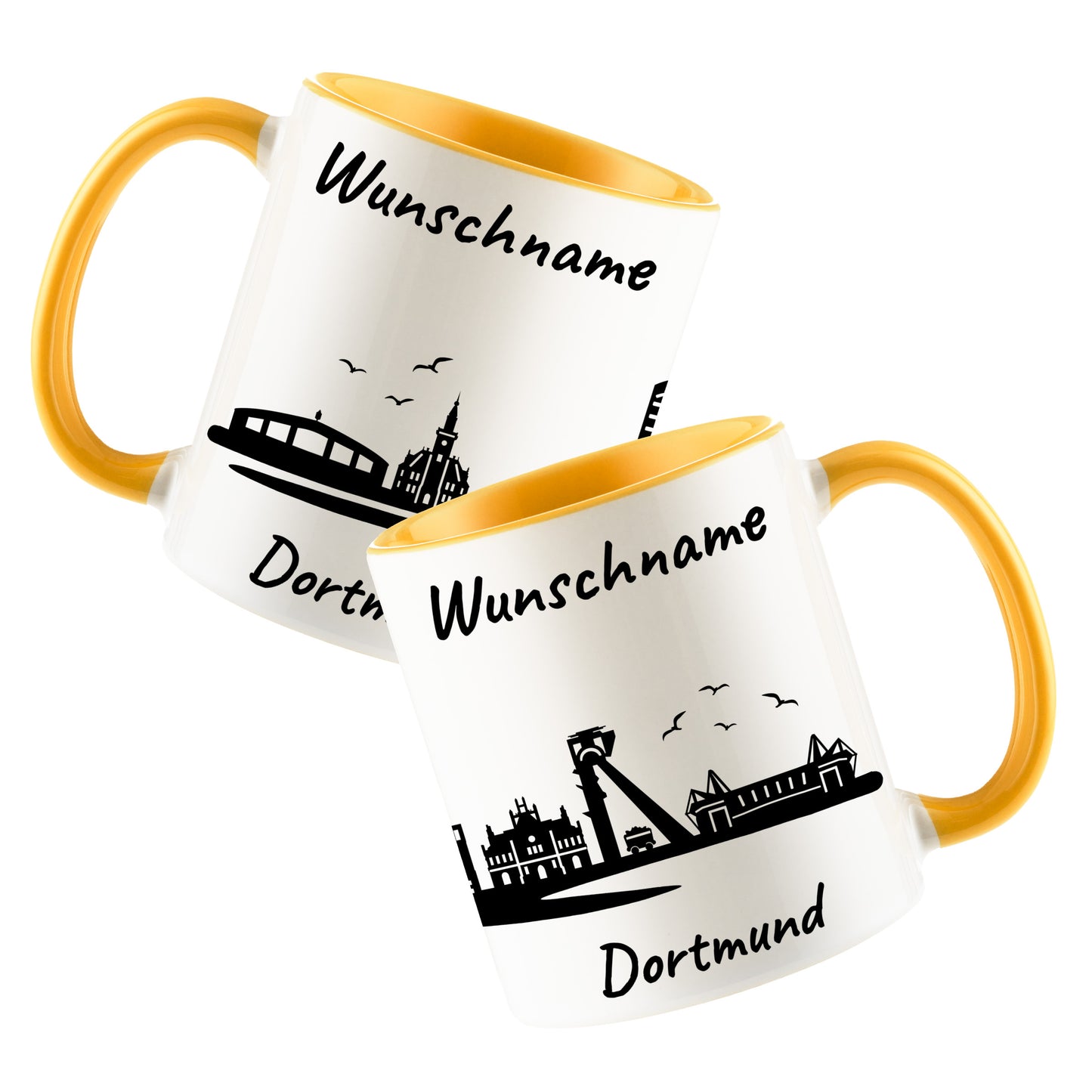 Tasse in Goldgelb 330ml bedruckt mit der Skyline von Dortmund personalisierbar mit Wunschname
