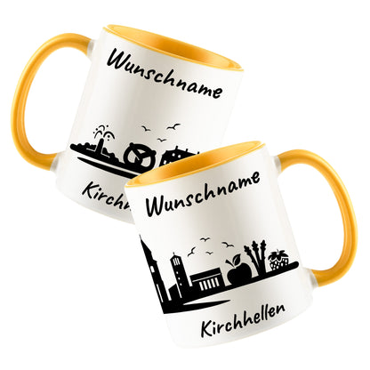 Tasse in Goldgelb 330ml bedruckt mit der Skyline von Kirchhellen personalisierbar mit Wunschname