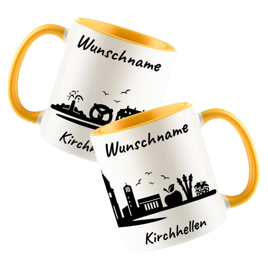 Tasse in Goldgelb 330ml bedruckt mit der Skyline von Kirchhellen personalisierbar mit Wunschname