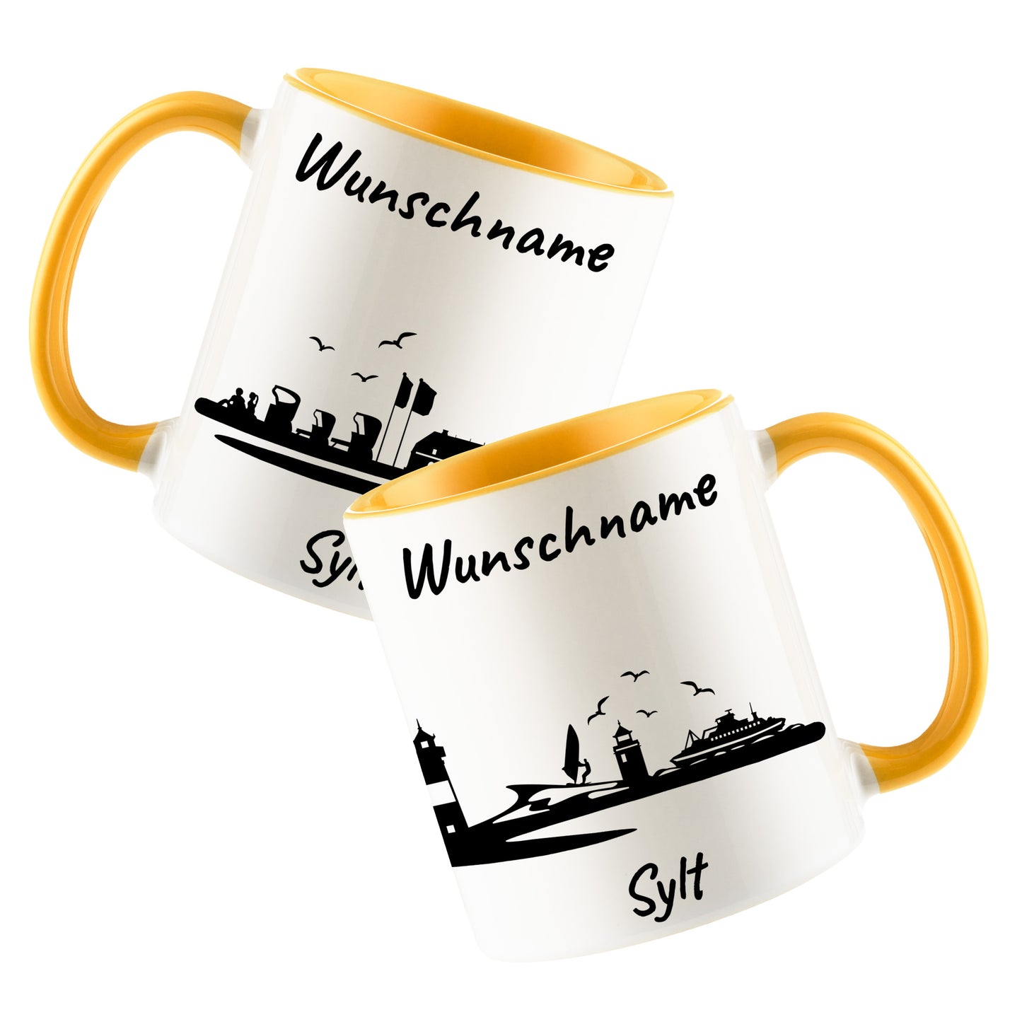 Tasse in Goldgelb 330ml bedruckt mit der Skyline von Sylt personalisierbar mit Wunschname