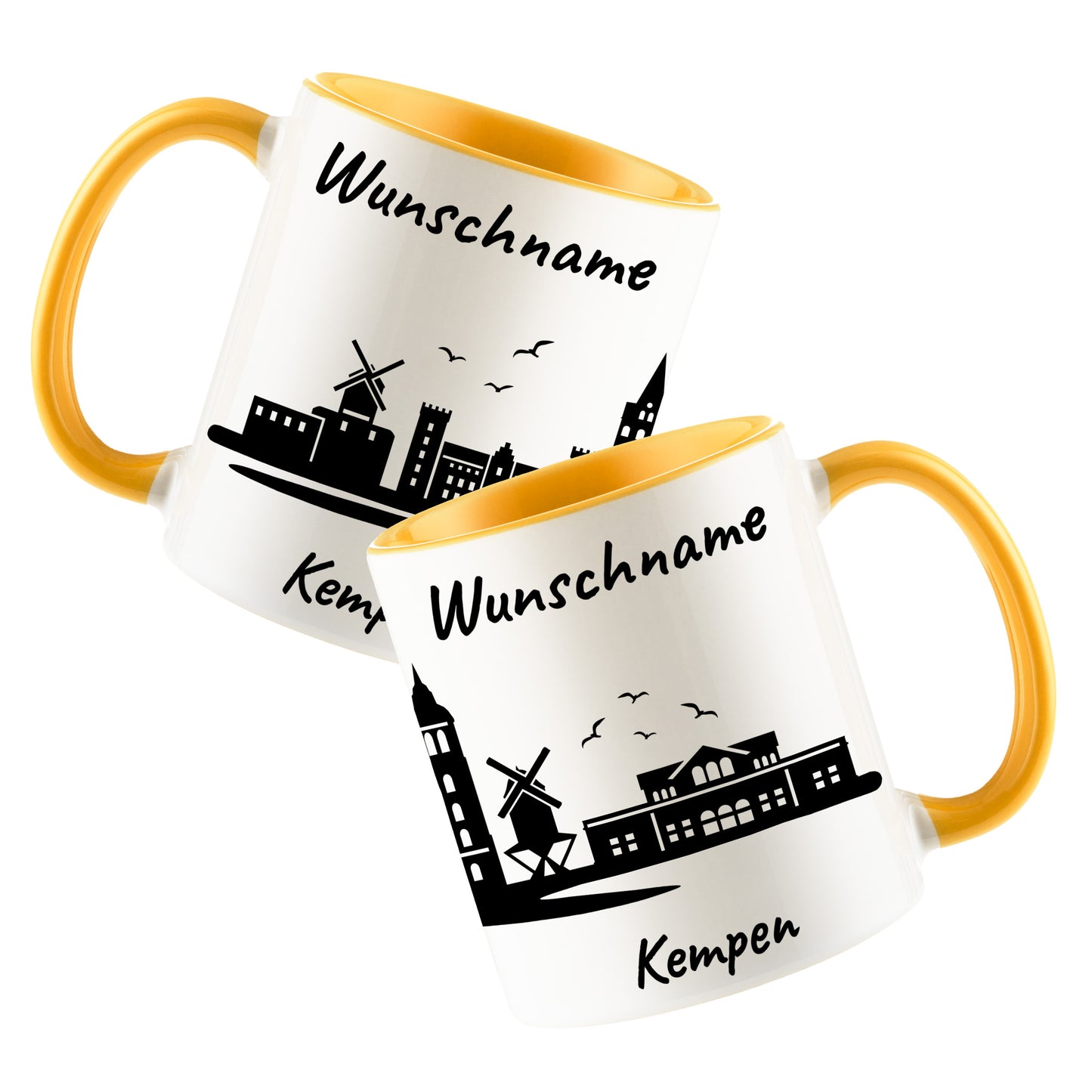Tasse in Goldgelb 330ml bedruckt mit der Skyline von Kempen personalisierbar mit Wunschname