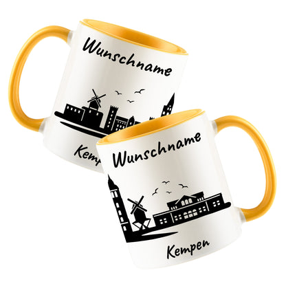 Tasse in Goldgelb 330ml bedruckt mit der Skyline von Kempen personalisierbar mit Wunschname