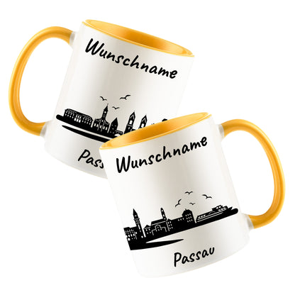 Tasse in Goldgelb 330ml bedruckt mit der Skyline von Passau personalisierbar mit Wunschname