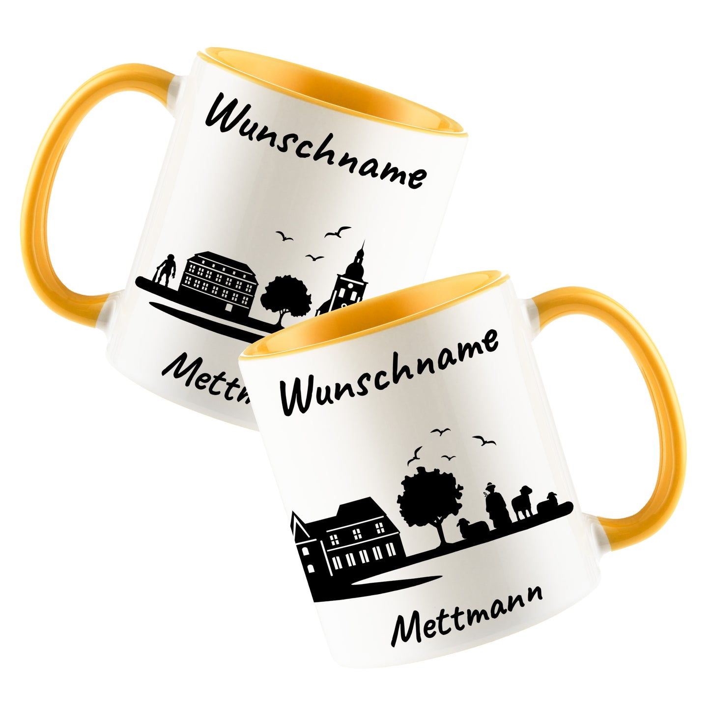 Tasse in Goldgelb 330ml bedruckt mit der Skyline von Mettmann personalisierbar mit Wunschname