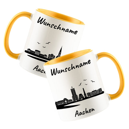Tasse in Goldgelb 330ml bedruckt mit der Skyline von Aachen personalisierbar mit Wunschname