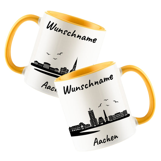 Tasse in Goldgelb 330ml bedruckt mit der Skyline von Aachen personalisierbar mit Wunschname
