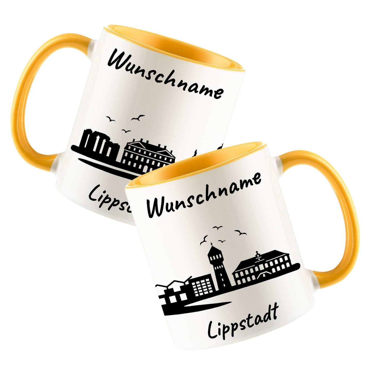 Tasse in Goldgelb 330ml bedruckt mit der Skyline von Lippstadt personalisierbar mit Wunschname