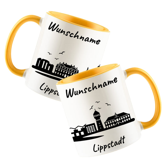Tasse in Goldgelb 330ml bedruckt mit der Skyline von Lippstadt personalisierbar mit Wunschname