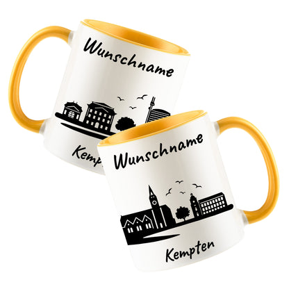 Tasse in Goldgelb 330ml bedruckt mit der Skyline von Kempten personalisierbar mit Wunschname