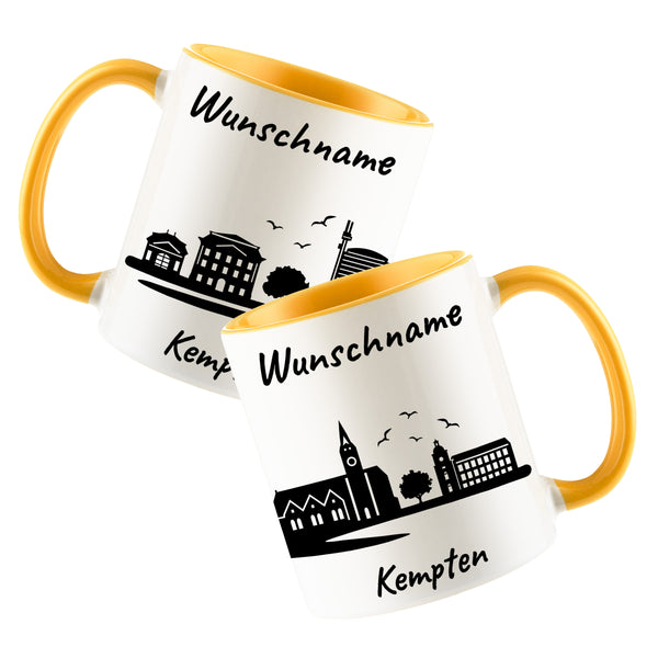Tasse in Goldgelb 330ml bedruckt mit der Skyline von Kempten personalisierbar mit Wunschname