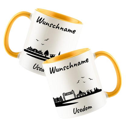 Tasse in Goldgelb 330ml bedruckt mit der Skyline von Usedom personalisierbar mit Wunschname
