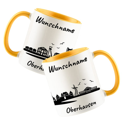 Tasse in Goldgelb 330ml bedruckt mit der Skyline von Oberhausen personalisierbar mit Wunschname