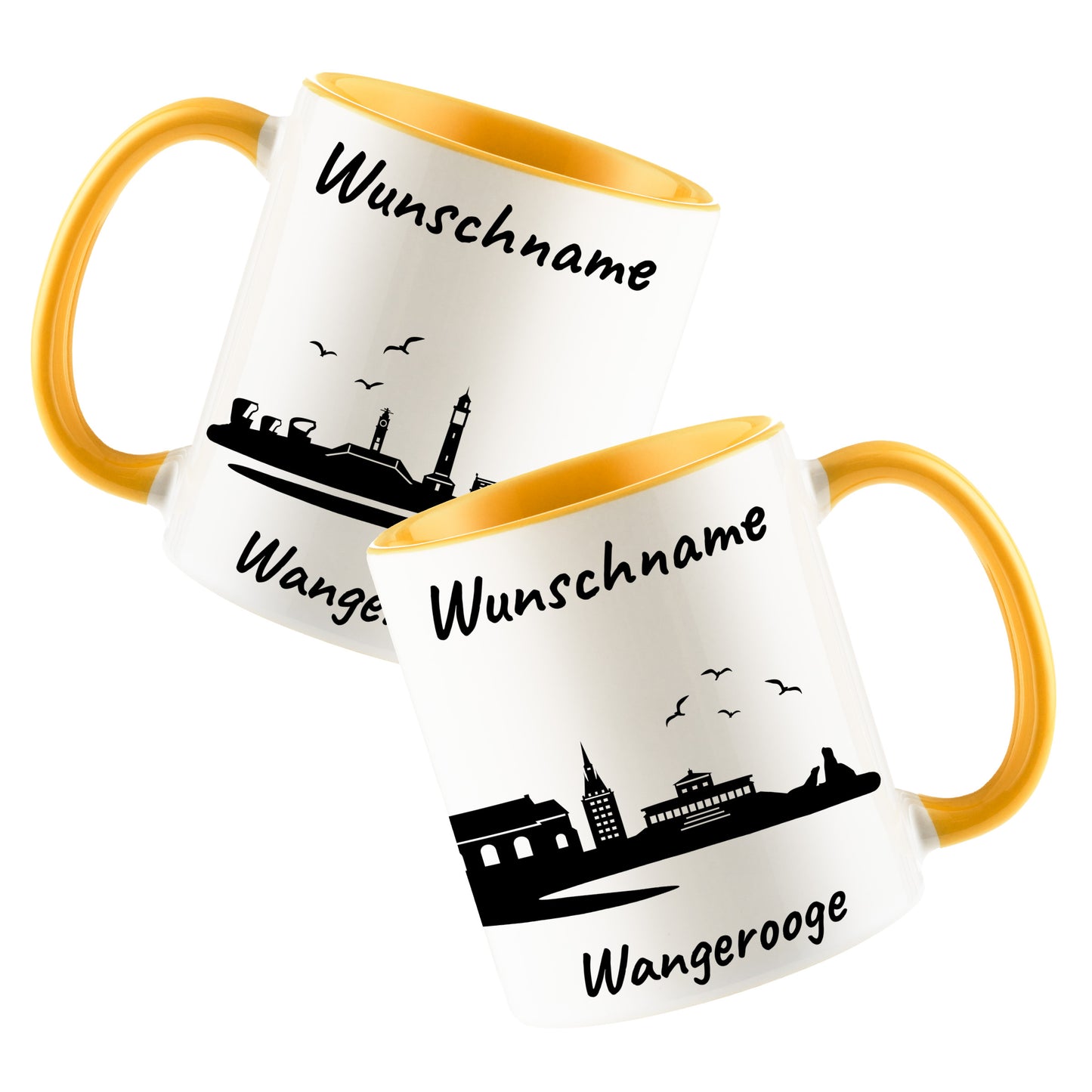 Tasse in Goldgelb 330ml bedruckt mit der Skyline von Wangerooge personalisierbar mit Wunschname