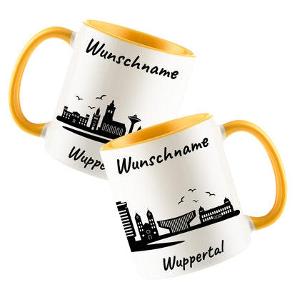 Tasse in Goldgelb 330ml bedruckt mit der Skyline von Wuppertal personalisierbar mit Wunschname
