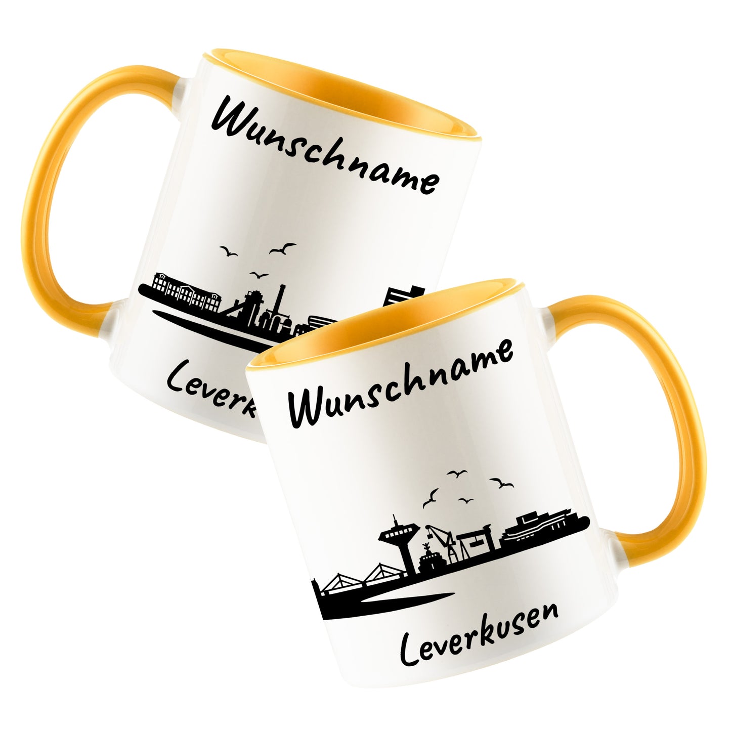 Tasse in Goldgelb 330ml bedruckt mit der Skyline von Leverkusen personalisierbar mit Wunschname