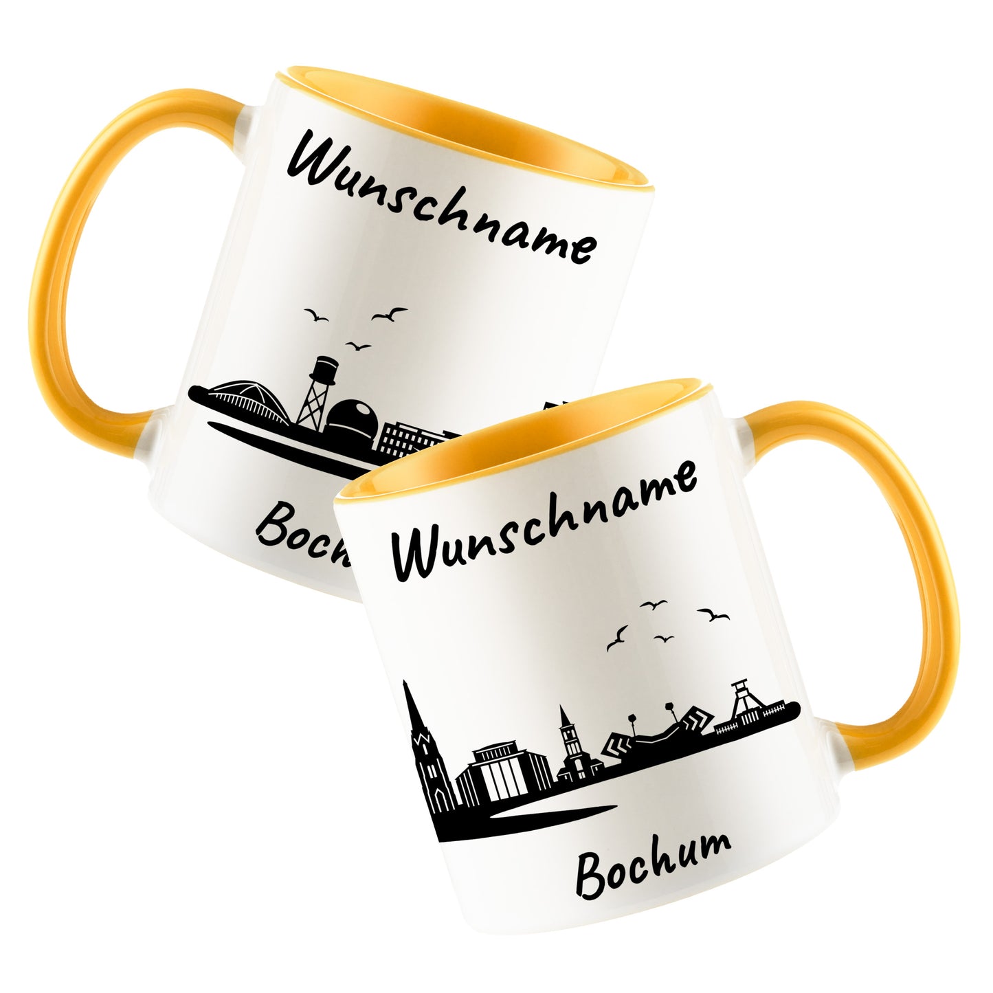Tasse in Goldgelb 330ml bedruckt mit der Skyline von Bochum personalisierbar mit Wunschname