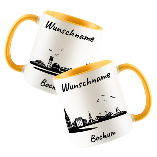 Tasse in Goldgelb 330ml bedruckt mit der Skyline von Bochum personalisierbar mit Wunschname