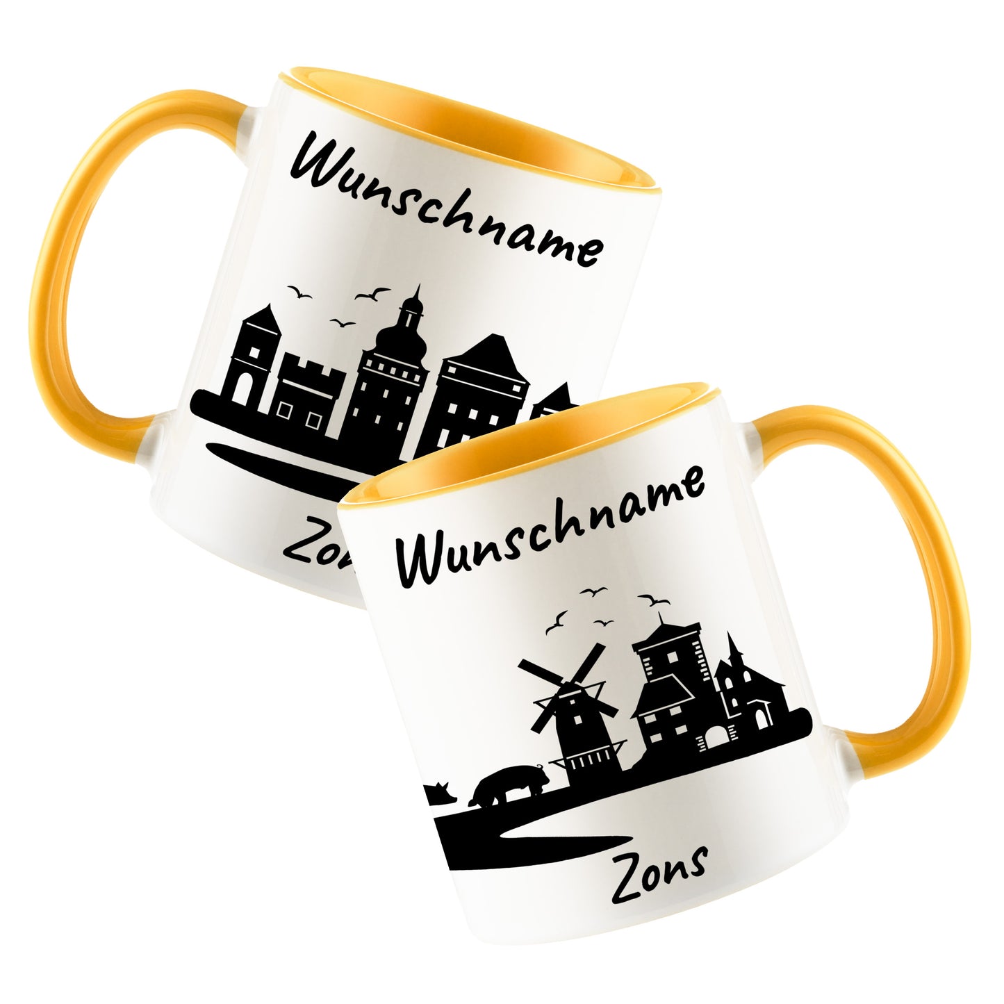Tasse in Goldgelb 330ml bedruckt mit der Skyline von Zons (Dormagen) personalisierbar mit Wunschname
