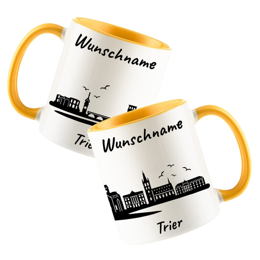 Tasse in Goldgelb 330ml bedruckt mit der Skyline von Trier personalisierbar mit Wunschname