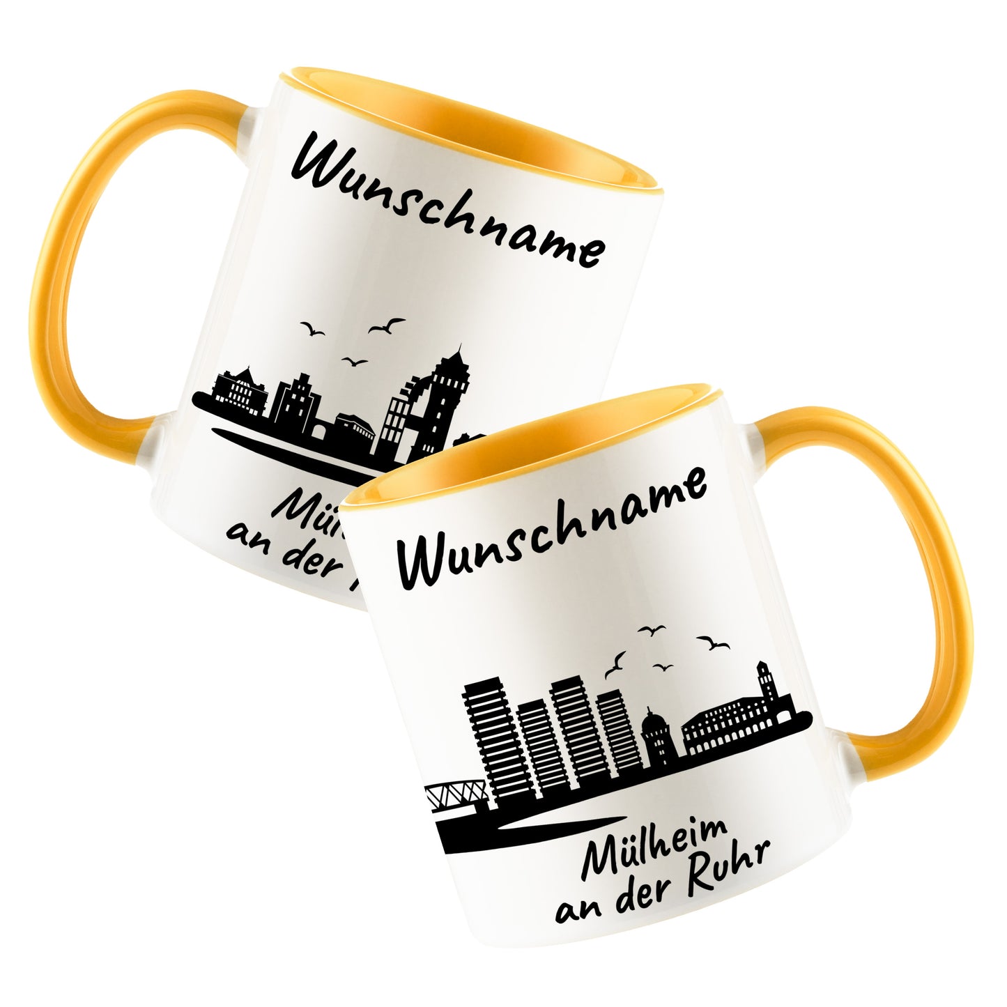 Tasse in Goldgelb 330ml bedruckt mit der Skyline von Mülheim an der Ruhr personalisierbar mit Wunschname