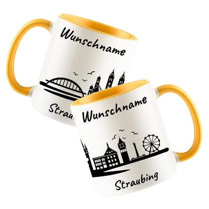 Tasse in Goldgelb 330ml bedruckt mit der Skyline von Straubing personalisierbar mit Wunschname