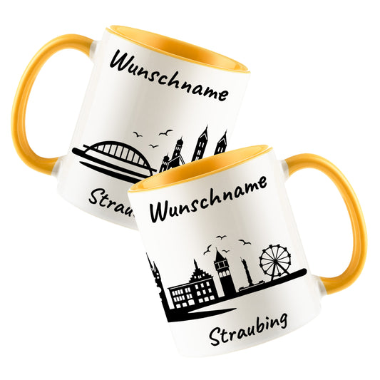 Tasse in Goldgelb 330ml bedruckt mit der Skyline von Straubing personalisierbar mit Wunschname