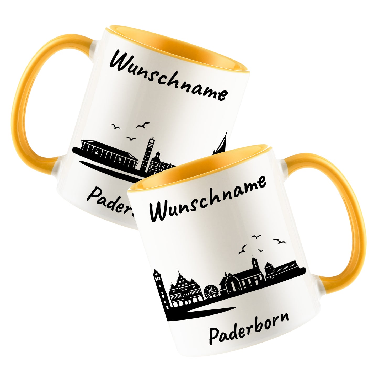Tasse in Goldgelb 330ml bedruckt mit der Skyline von Paderborn personalisierbar mit Wunschname