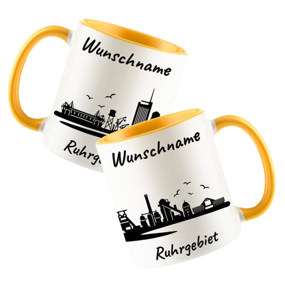 Tasse in Goldgelb 330ml bedruckt mit der Skyline von Ruhrgebiet personalisierbar mit Wunschname