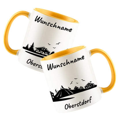 Tasse in Goldgelb 330ml bedruckt mit der Skyline von Oberstdorf personalisierbar mit Wunschname
