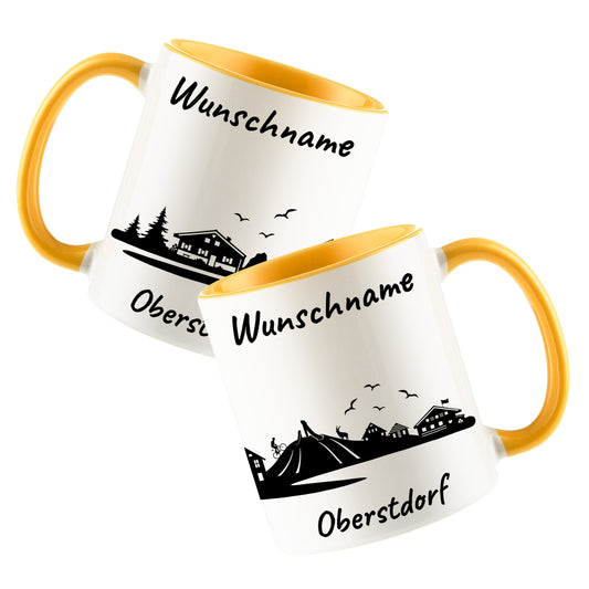 Tasse in Goldgelb 330ml bedruckt mit der Skyline von Oberstdorf personalisierbar mit Wunschname