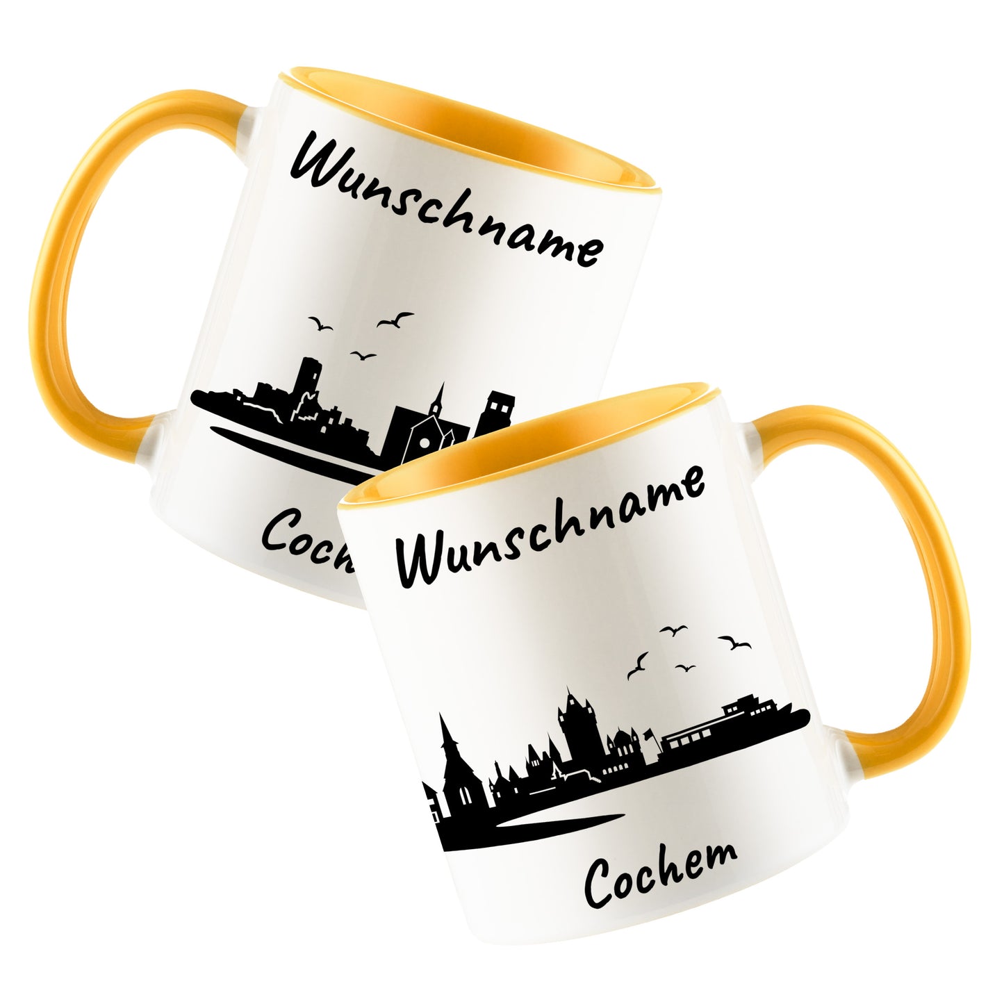 Tasse in Goldgelb 330ml bedruckt mit der Skyline von Cochem personalisierbar mit Wunschname