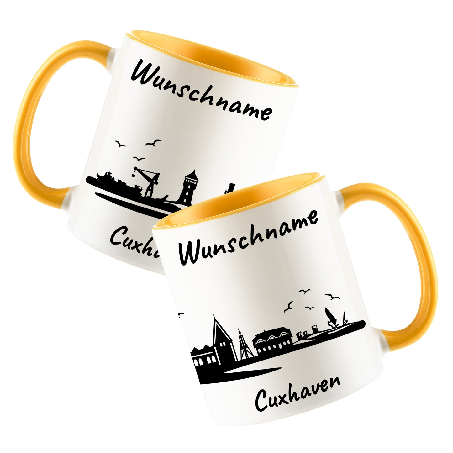 Tasse in Goldgelb 330ml bedruckt mit der Skyline von Cuxhaven personalisierbar mit Wunschname