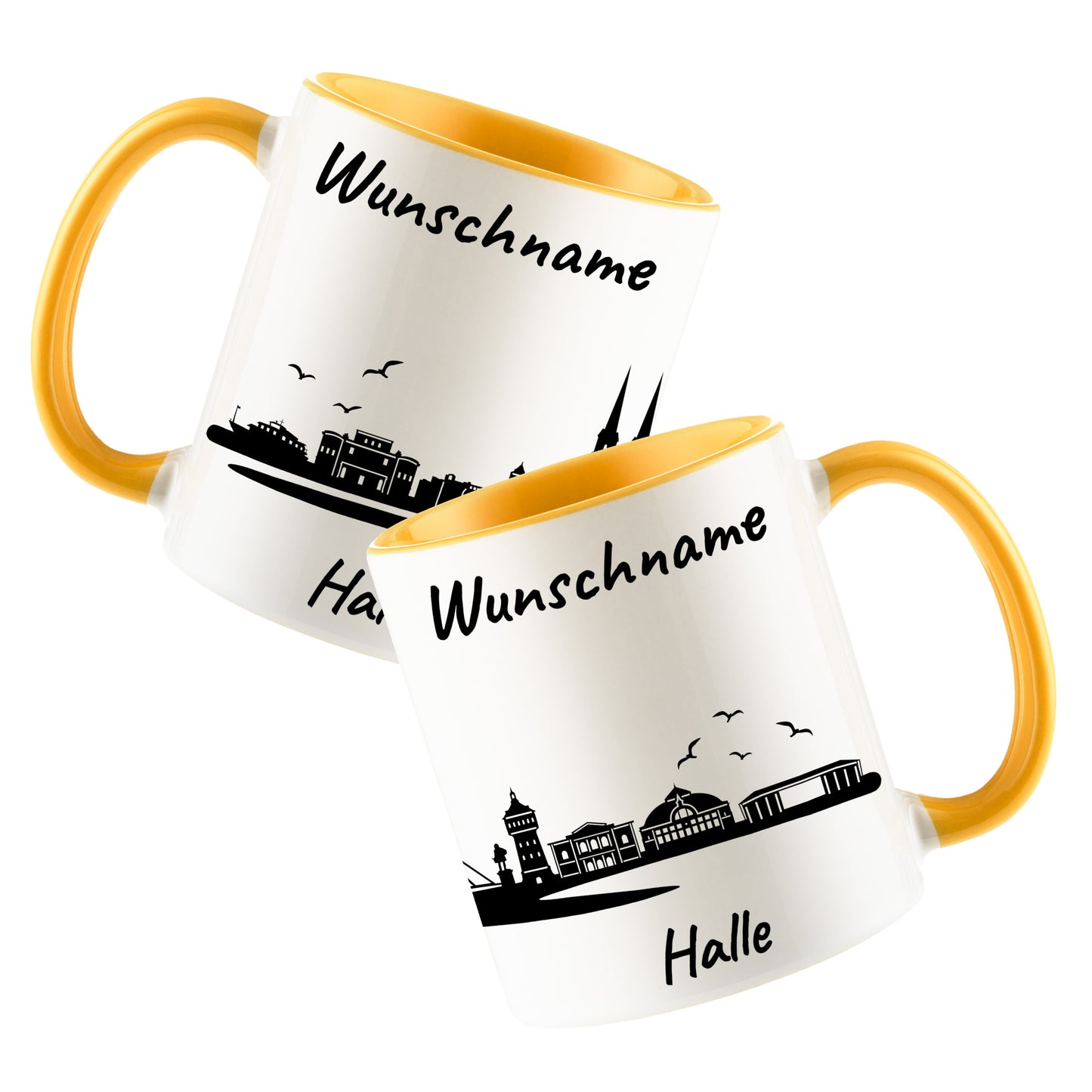 Tasse in Goldgelb 330ml bedruckt mit der Skyline von Halle personalisierbar mit Wunschname