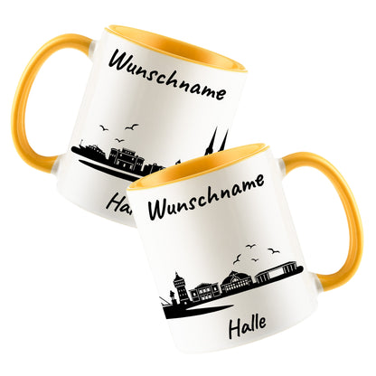 Tasse in Goldgelb 330ml bedruckt mit der Skyline von Halle personalisierbar mit Wunschname