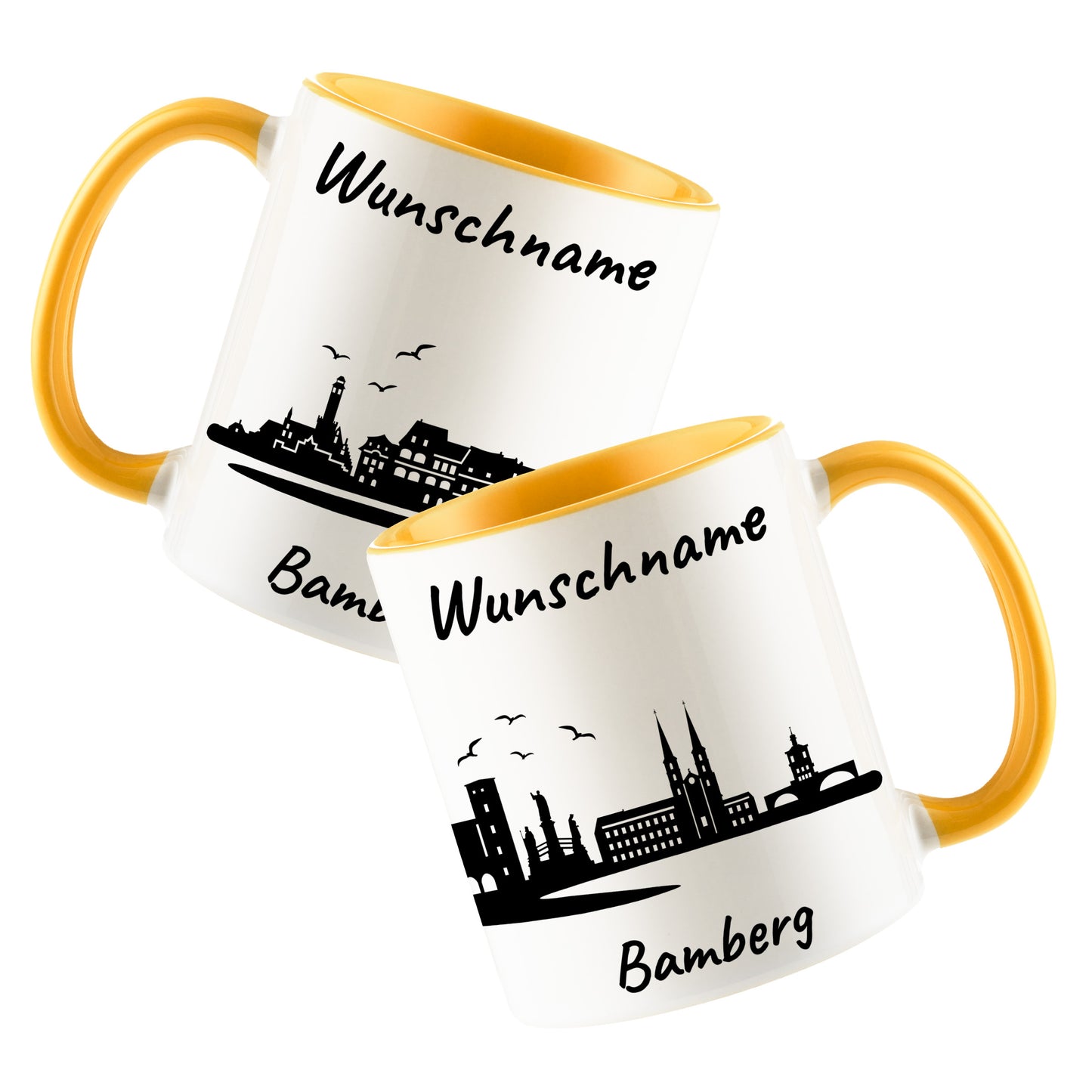 Tasse in Goldgelb 330ml bedruckt mit der Skyline von Bamberg personalisierbar mit Wunschname
