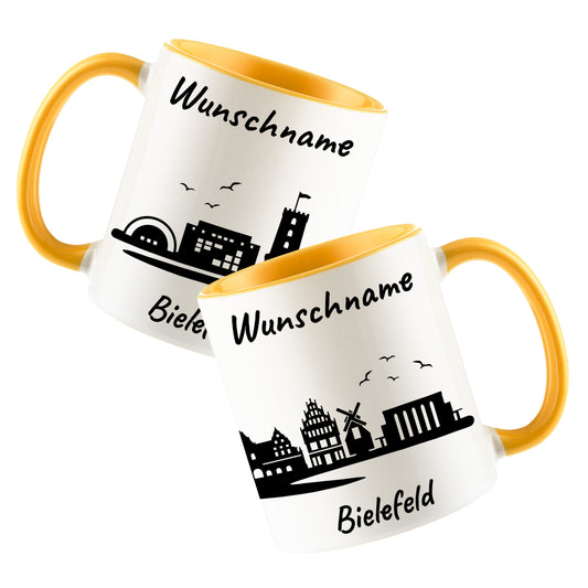 Tasse in Goldgelb 330ml bedruckt mit der Skyline von Bielefeld personalisierbar mit Wunschname