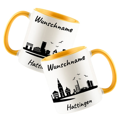 Tasse in Goldgelb 330ml bedruckt mit der Skyline von Hattingen personalisierbar mit Wunschname