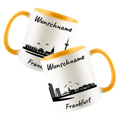 Tasse in Goldgelb 330ml bedruckt mit der Skyline von Frankfurt personalisierbar mit Wunschname