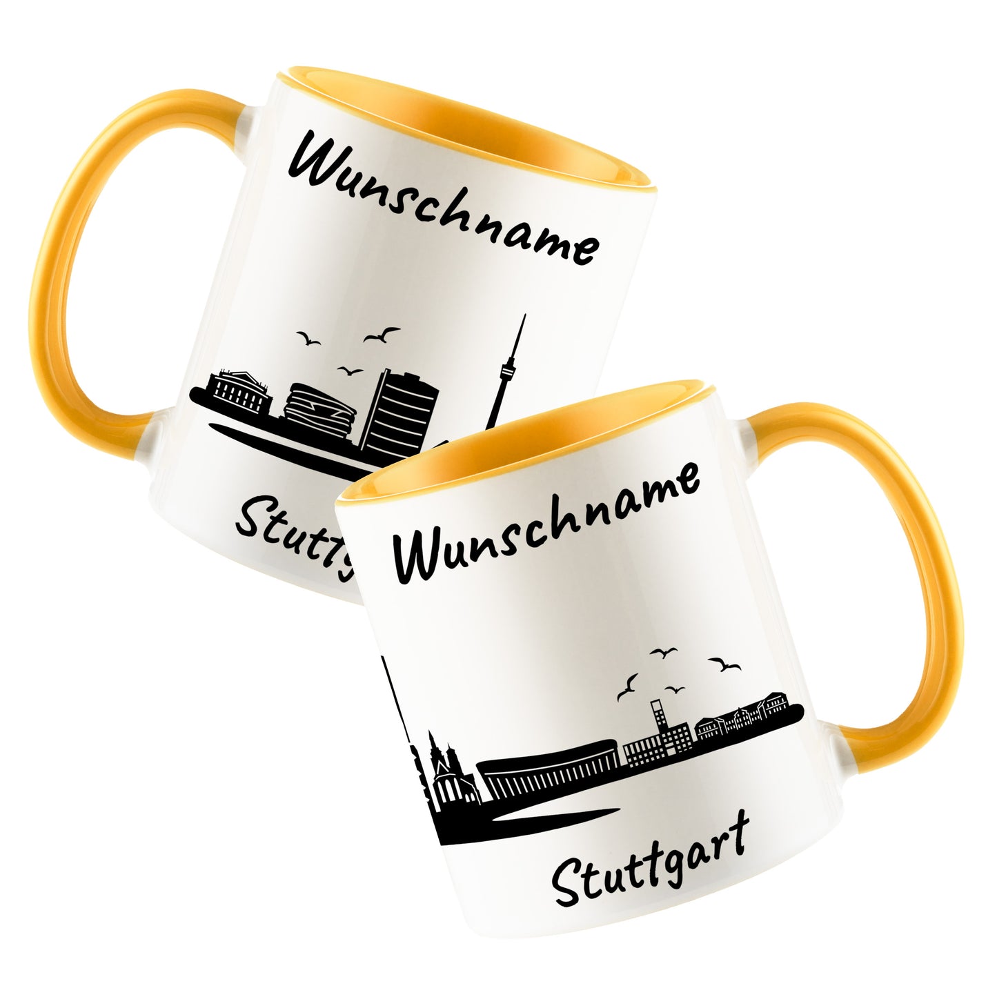 Tasse in Goldgelb 330ml bedruckt mit der Skyline von Stuttgart personalisierbar mit Wunschname